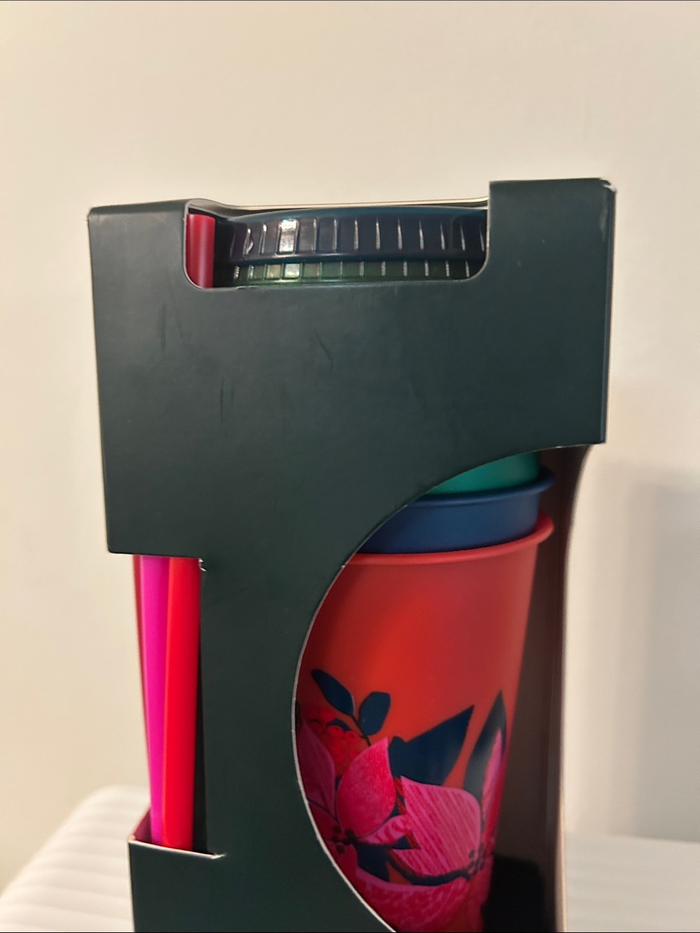 Starbucks Red Floral Reusable Cup with Blue and Teal Accents